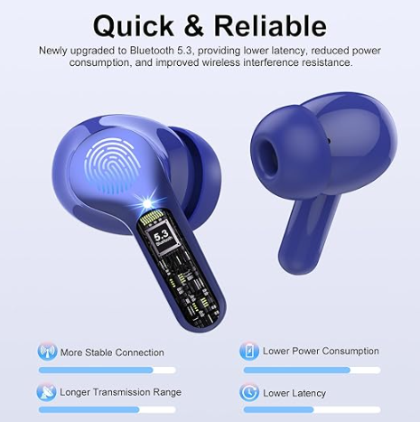 Wireless Earbuds, Bluetooth 5.3 Headphones HiFi Stereo, Bluetooth Earbuds with ENC Noise Cancelling Mic, IP7 Waterproof in Ear Earphones, 48H, LED Display Ear buds for Pad Phones Workout Sports, Blue