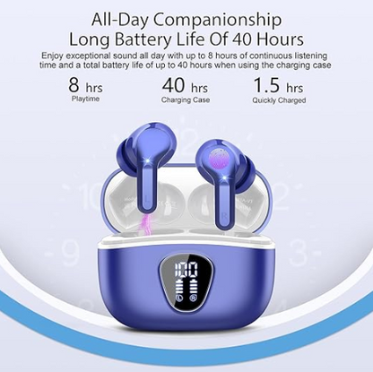 Wireless Earbuds, Bluetooth 5.3 Headphones HiFi Stereo, Bluetooth Earbuds with ENC Noise Cancelling Mic, IP7 Waterproof in Ear Earphones, 48H, LED Display Ear buds for Pad Phones Workout Sports, Blue